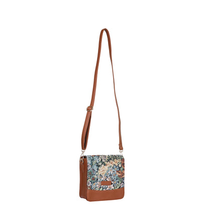 Botanical Tapestry Crossbody Sling Bag – Women Shoulder Purse with Vegan Leather Trim