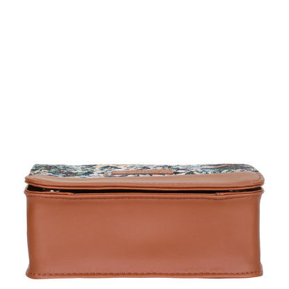 Botanical Tapestry Crossbody Sling Bag – Women Shoulder Purse with Vegan Leather Trim