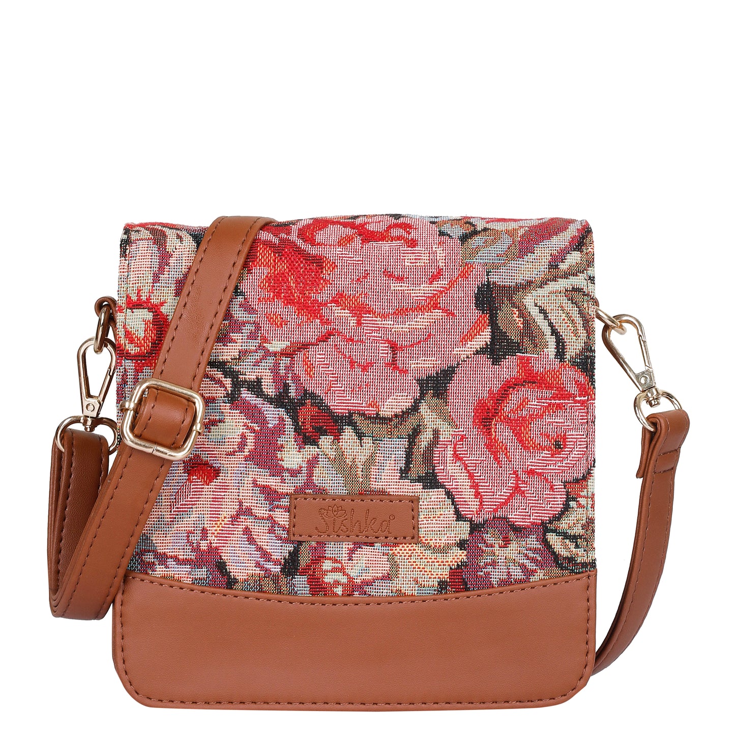 Floral Tapestry Crossbody Bag – Women Sling Shoulder Purse with Vegan Leather Trim