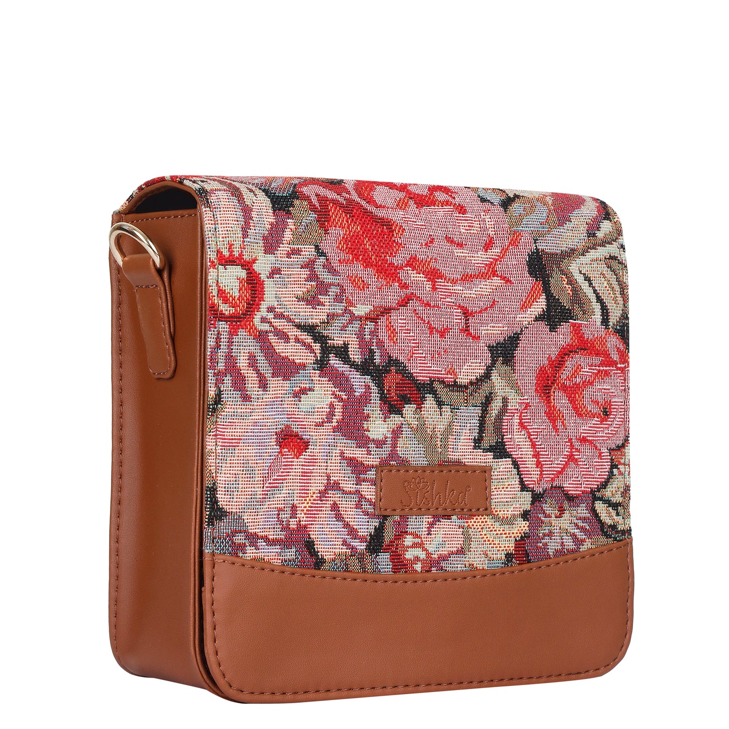 Floral Tapestry Crossbody Bag – Women Sling Shoulder Purse with Vegan Leather Trim