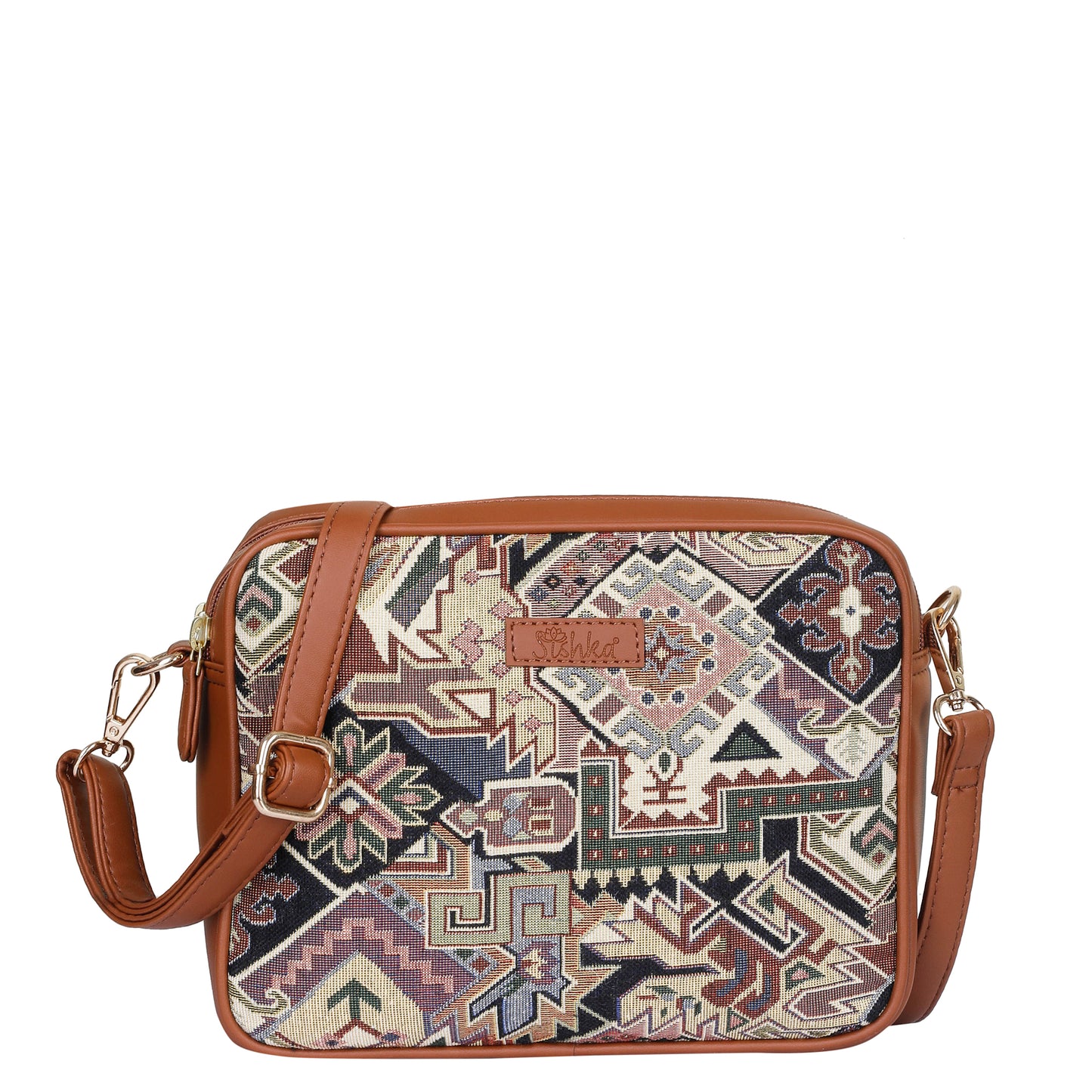 Women Geometric Tapestry Shoulder & Crossbody Messenger Bag with Vegan Leather Trim Handle