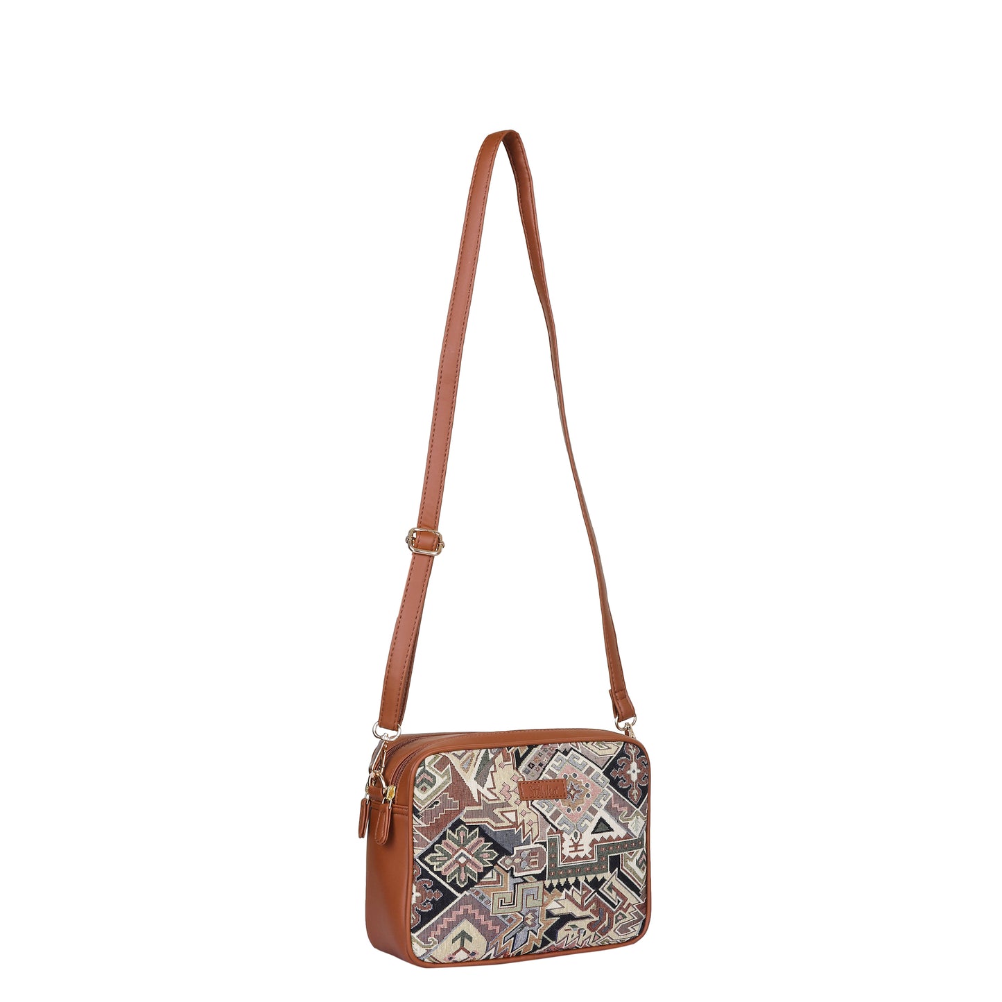Women Geometric Tapestry Shoulder & Crossbody Messenger Bag with Vegan Leather Trim Handle