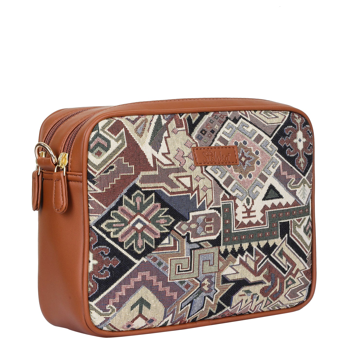 Women Geometric Tapestry Shoulder & Crossbody Messenger Bag with Vegan Leather Trim Handle