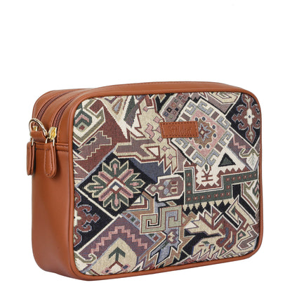 Women Geometric Tapestry Shoulder & Crossbody Messenger Bag with Vegan Leather Trim Handle