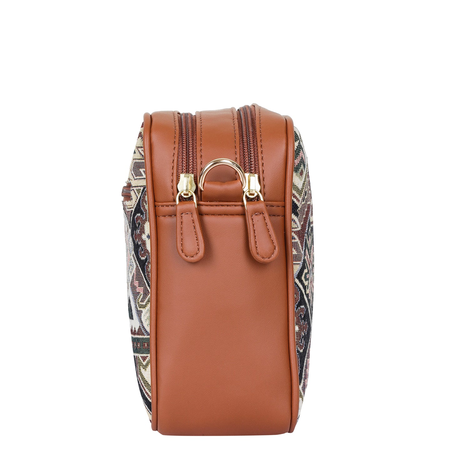 Women Geometric Tapestry Shoulder & Crossbody Messenger Bag with Vegan Leather Trim Handle
