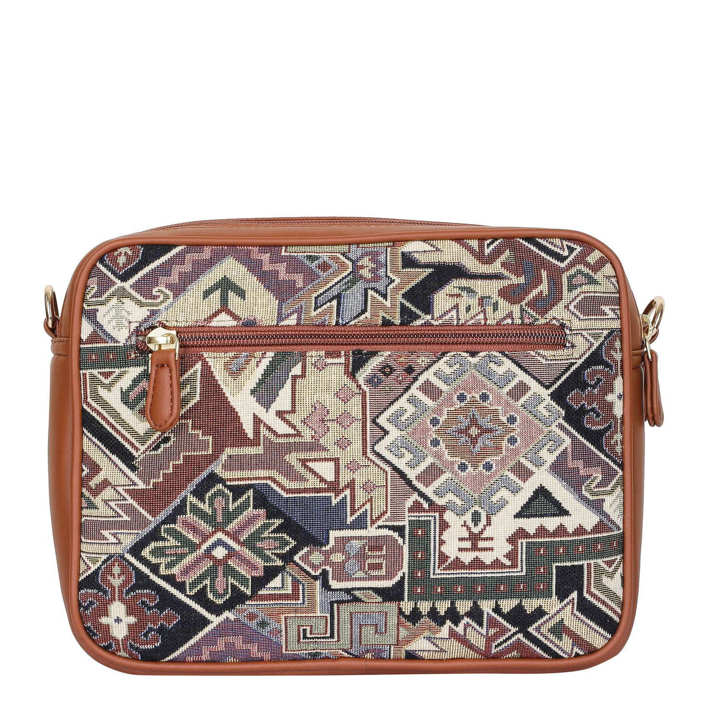 Women Geometric Tapestry Shoulder & Crossbody Messenger Bag with Vegan Leather Trim Handle