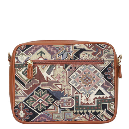 Women Geometric Tapestry Shoulder & Crossbody Messenger Bag with Vegan Leather Trim Handle