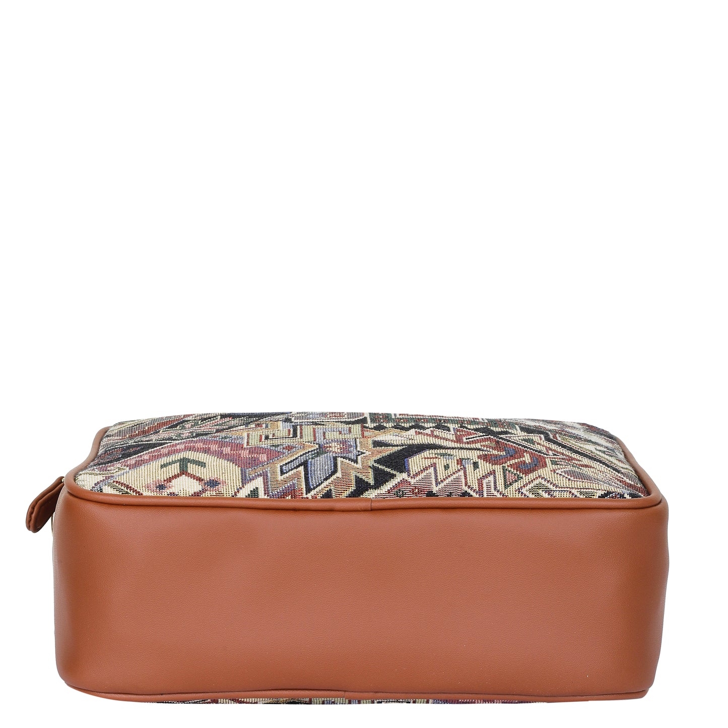 Women Geometric Tapestry Shoulder & Crossbody Messenger Bag with Vegan Leather Trim Handle