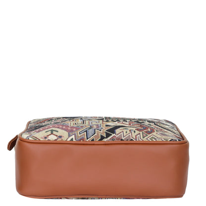 Women Geometric Tapestry Shoulder & Crossbody Messenger Bag with Vegan Leather Trim Handle