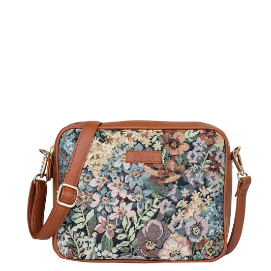 Women’s Botanical Tapestry Crossbody Purse – Messenger & Shoulder Bag with Vegan Leather Trim Handle