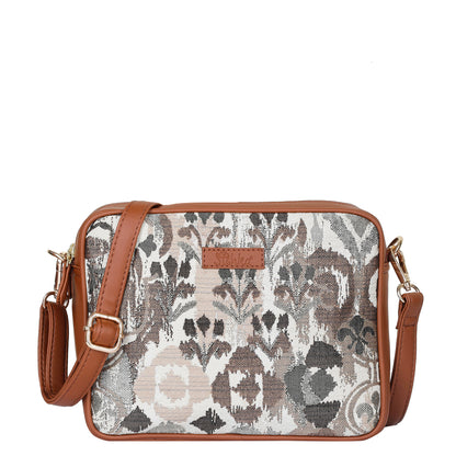 Abstract Design Women Tapestry Messenger Bag – Compact Crossbody Purse with Vegan Leather Trim Handle