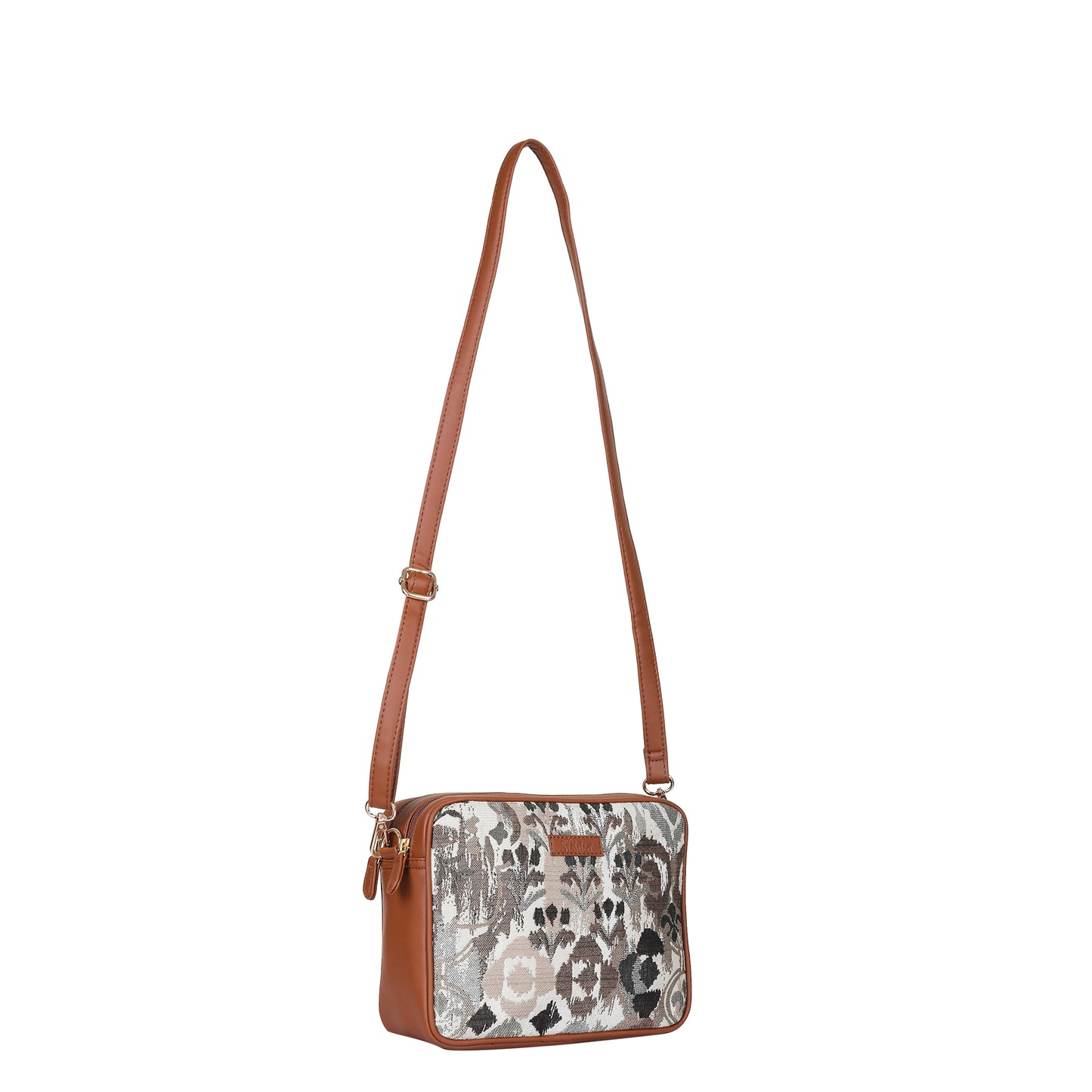 Abstract Design Women Tapestry Messenger Bag – Compact Crossbody Purse with Vegan Leather Trim Handle