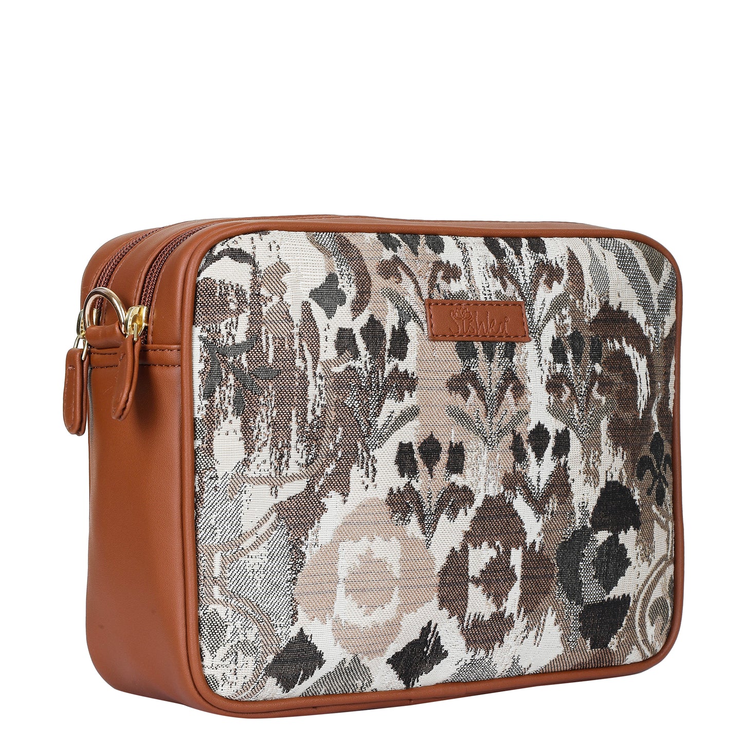Abstract Design Women Tapestry Messenger Bag – Compact Crossbody Purse with Vegan Leather Trim Handle