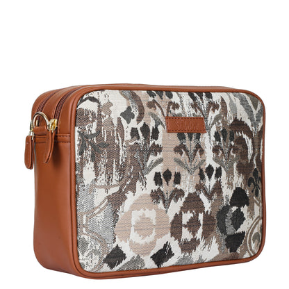 Abstract Design Women Tapestry Messenger Bag – Compact Crossbody Purse with Vegan Leather Trim Handle