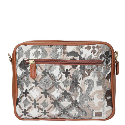 Abstract Design Women Tapestry Messenger Bag – Compact Crossbody Purse with Vegan Leather Trim Handle
