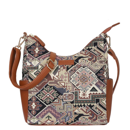 Wholesale Women Hobo Bag in Geometric Tapestry Pattern with vegan leather Trim | Crossbody & Shoulder Purse for Office