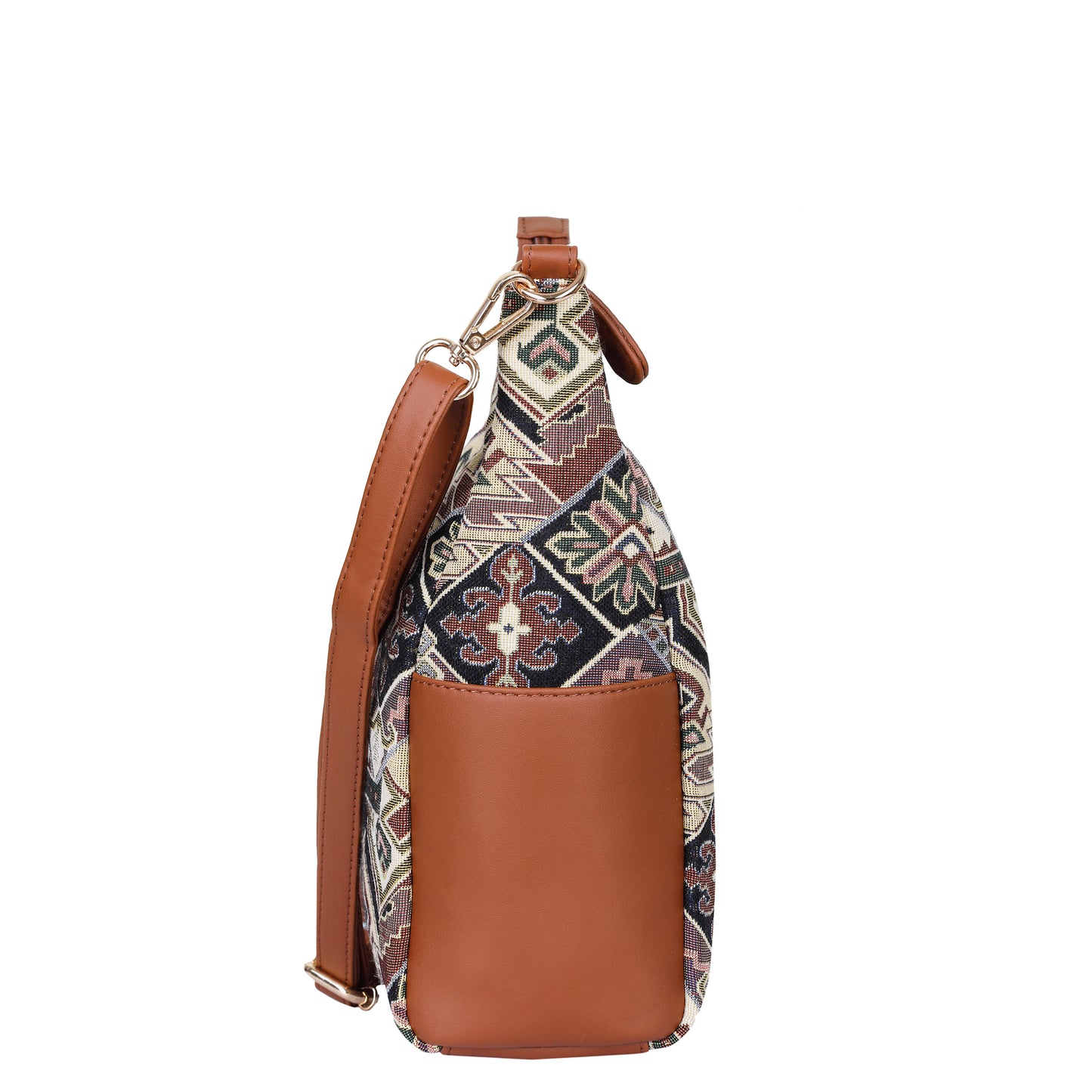 Wholesale Women Hobo Bag in Geometric Tapestry Pattern with vegan leather Trim | Crossbody & Shoulder Purse for Office