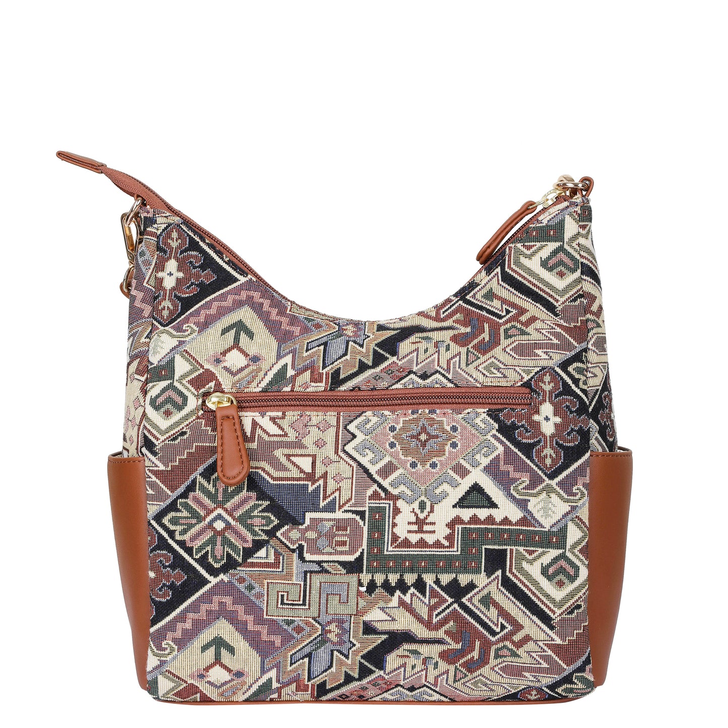 Wholesale Women Hobo Bag in Geometric Tapestry Pattern with vegan leather Trim | Crossbody & Shoulder Purse for Office
