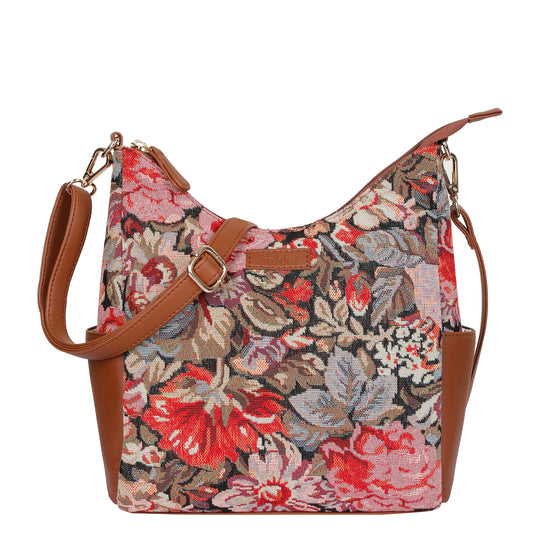 Women's Floral Tapestry Hobo Bag | Stylish vegan leather-Trimmed Shoulder & Crossbody Purse for Daily Essentials