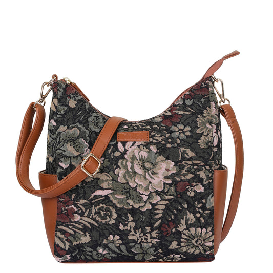 Women's Hobo Bag in Vintage Tapestry Fabric Pattern | Vegan leather-Trim Crossbody Sling & Shoulder Purse