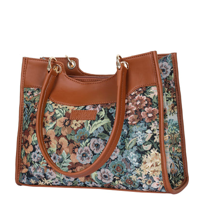 Wholesale Women Botanical Tapestry Satchel Bag – Vegan Leather Trimmed Handbag, Crossbody & Shoulder Purse
