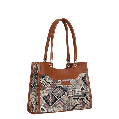 Women Geometric Tapestry Satchel & Crossbody Bag – Vegan leather Trimmed Shoulder and Hand Purse