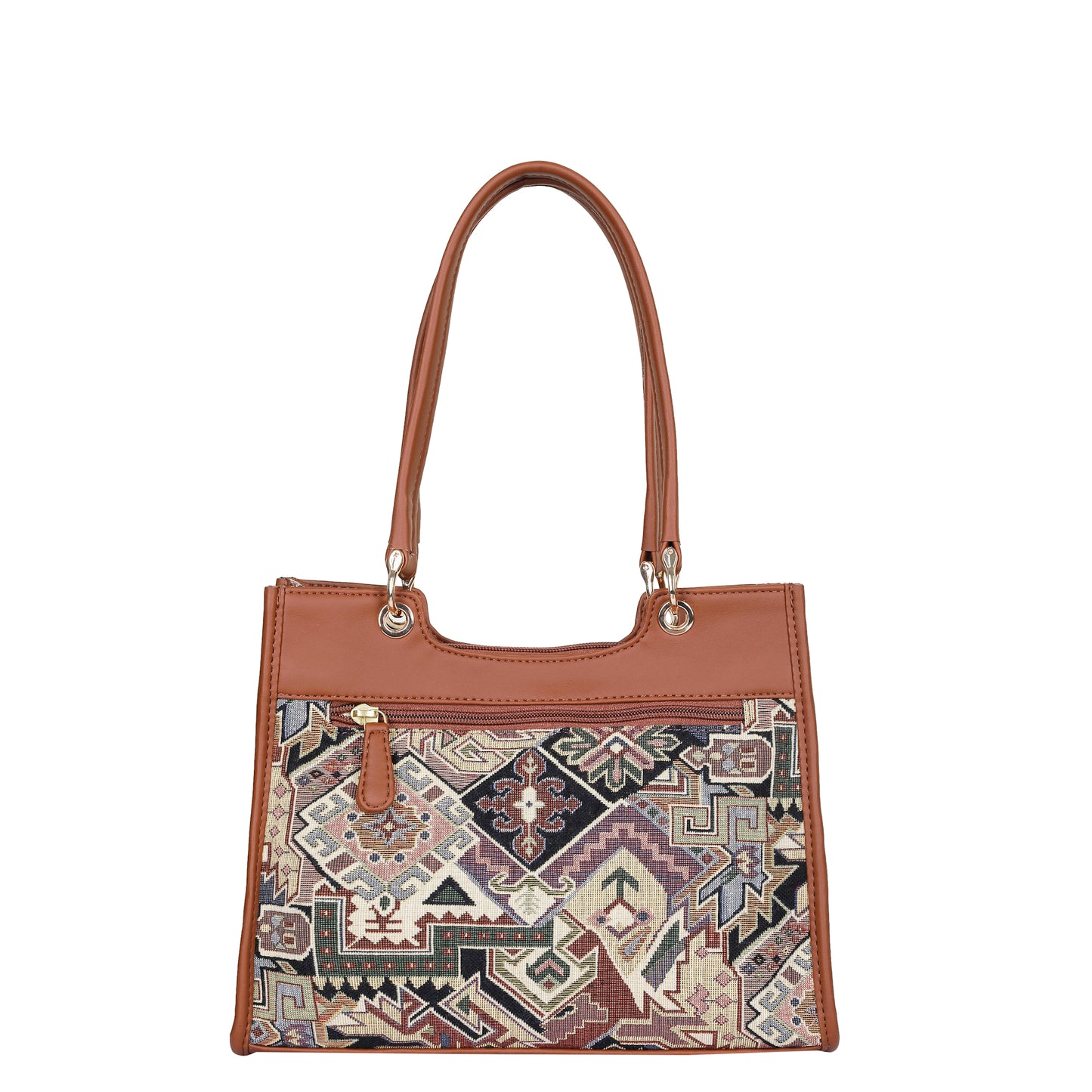 Women Geometric Tapestry Satchel & Crossbody Bag – Vegan leather Trimmed Shoulder and Hand Purse