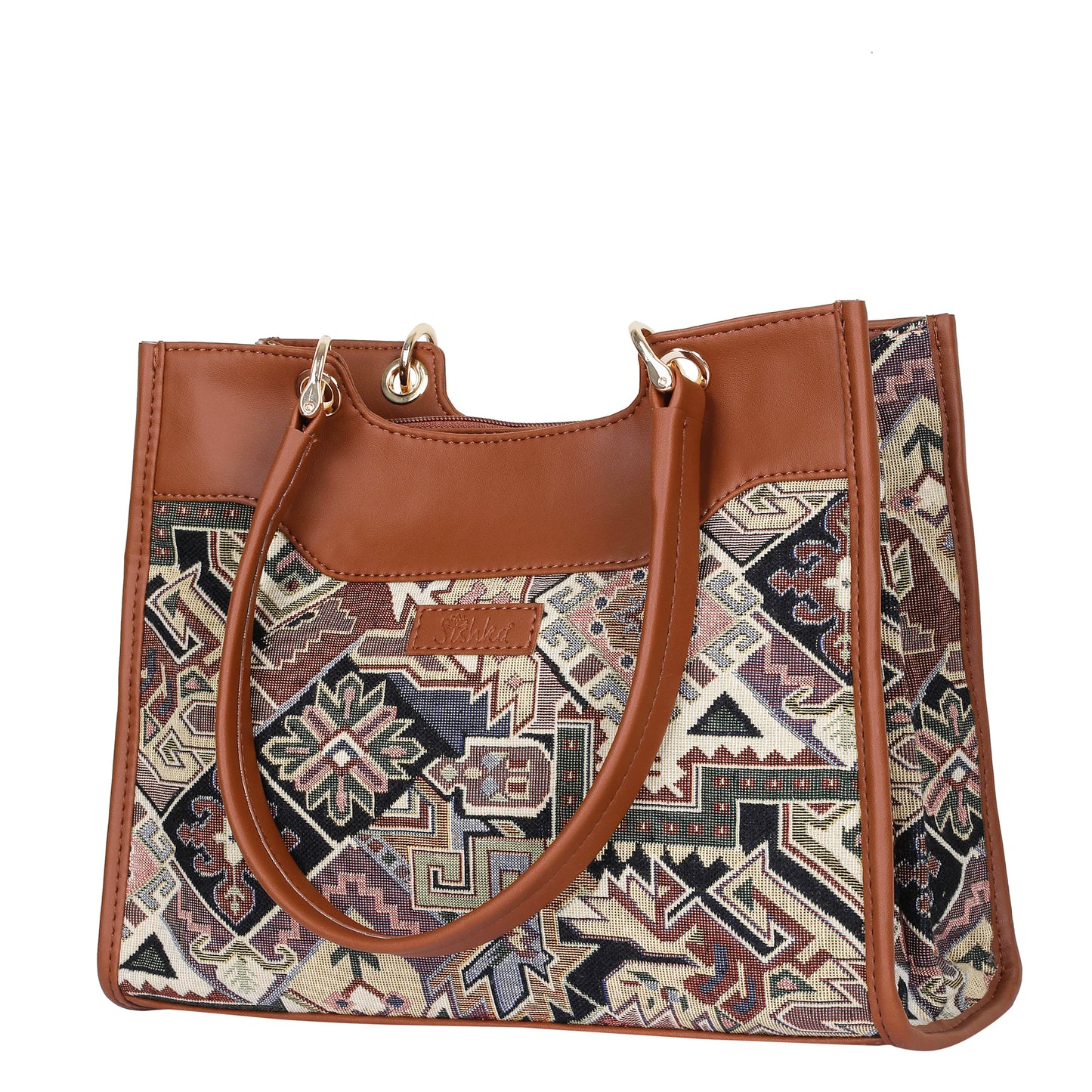 Women Geometric Tapestry Satchel & Crossbody Bag – Vegan leather Trimmed Shoulder and Hand Purse