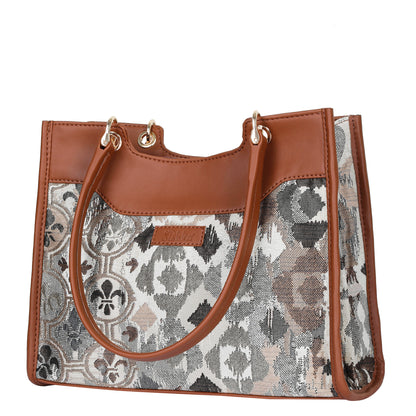 Wholesale Abstract Tapestry Satchel Bag Crossbody Top Handle Handbag for Women with Vegan Leather Trim