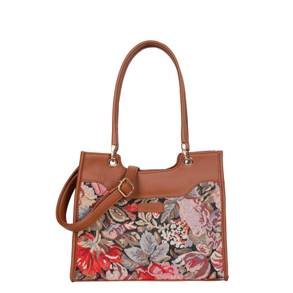 Women Floral Tapestry Satchel & Crossbody Bag – Wholesale Vegan Leather‑Trimmed Shoulder Purse with Top Handle