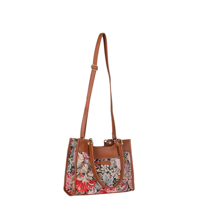 Women Floral Tapestry Satchel & Crossbody Bag – Wholesale Vegan Leather‑Trimmed Shoulder Purse with Top Handle