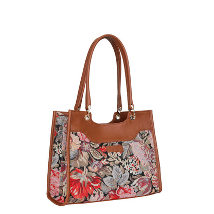 Women Floral Tapestry Satchel & Crossbody Bag – Wholesale Vegan Leather‑Trimmed Shoulder Purse with Top Handle