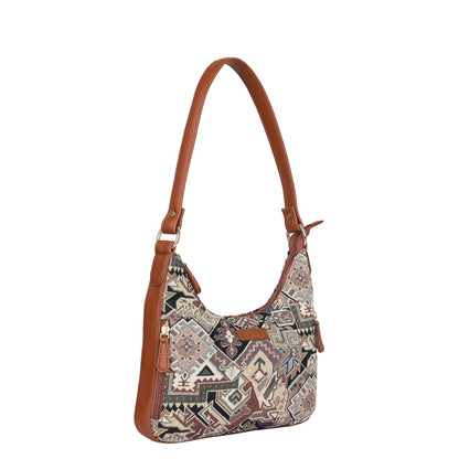 Ladies’ Geometric Tapestry Fabric Hobo Shoulder Bag – Stylish Satchel Purse with Vegan Leather Strap for Work & Casual Outings