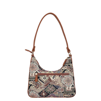 Ladies’ Geometric Tapestry Fabric Hobo Shoulder Bag – Stylish Satchel Purse with Vegan Leather Strap for Work & Casual Outings