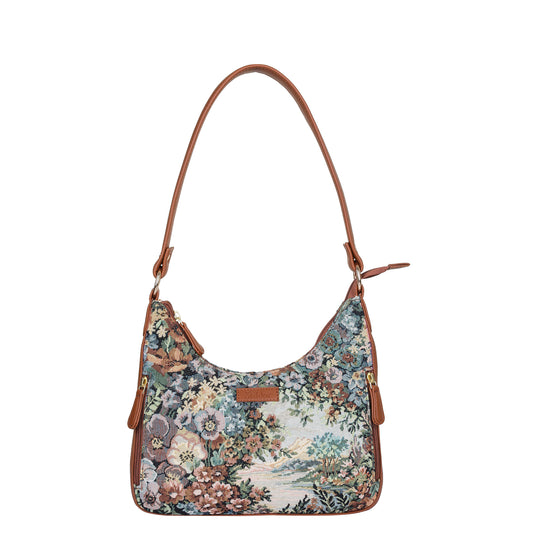 Botanical Design Tapestry Fabric Hobo Bag For Women | Shoulder & Satchel Purse with Vegan leather Trim and Strap for Travel & Casual Use