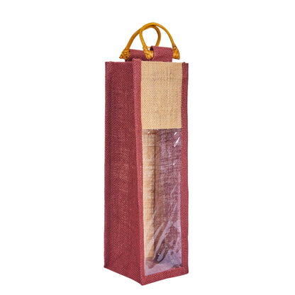 Jute Wine Gift Bags with PVC Window – Wholesale Single Bottle Carriers for Weddings & Events (Pack of 6)