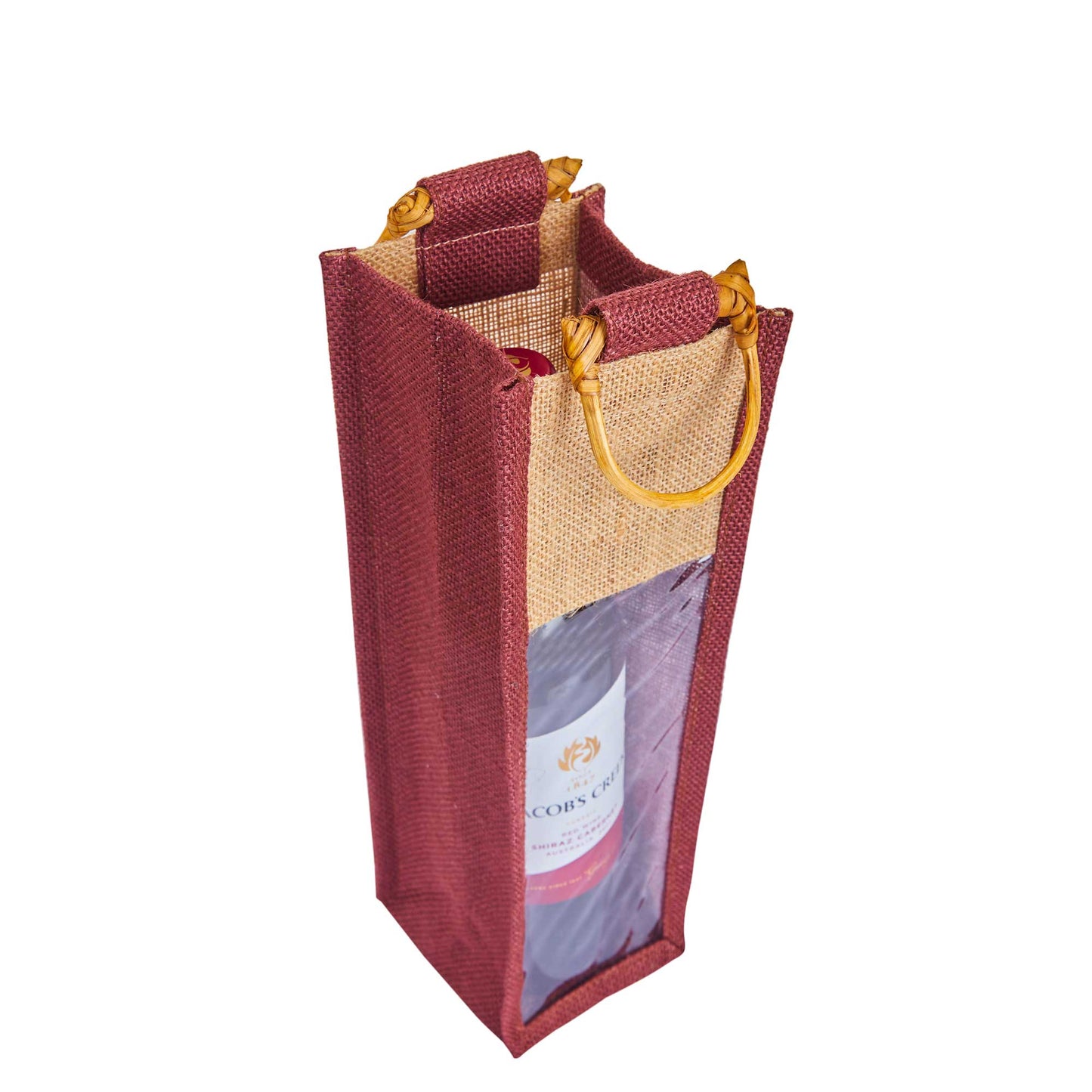 Jute Wine Gift Bags with PVC Window – Wholesale Single Bottle Carriers for Weddings & Events (Pack of 6)