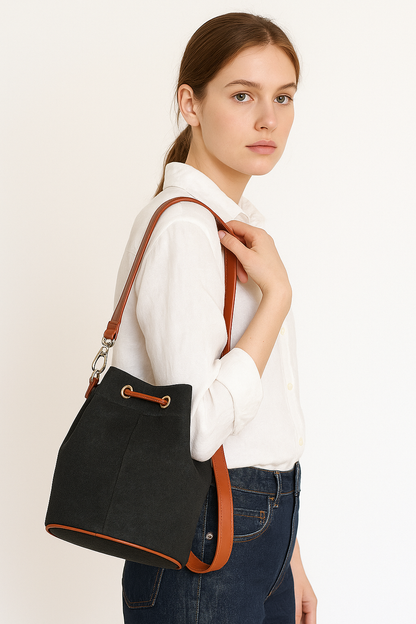 Wholesale  Black Canvas Bucket Crossbody Sling  with Vegan Leather