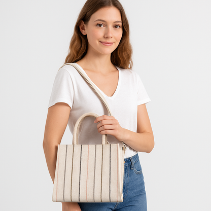 Wholesale Neutral Striped Canvas Crossbody Tote Handbag for Daily use