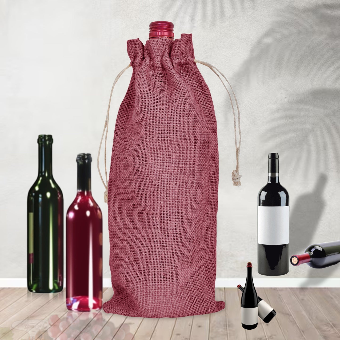 Wholesale Coloured Jute Wine Bottle Gift Pouches – Drawstring Burlap Bags for Gifting & Events (Set of 7)