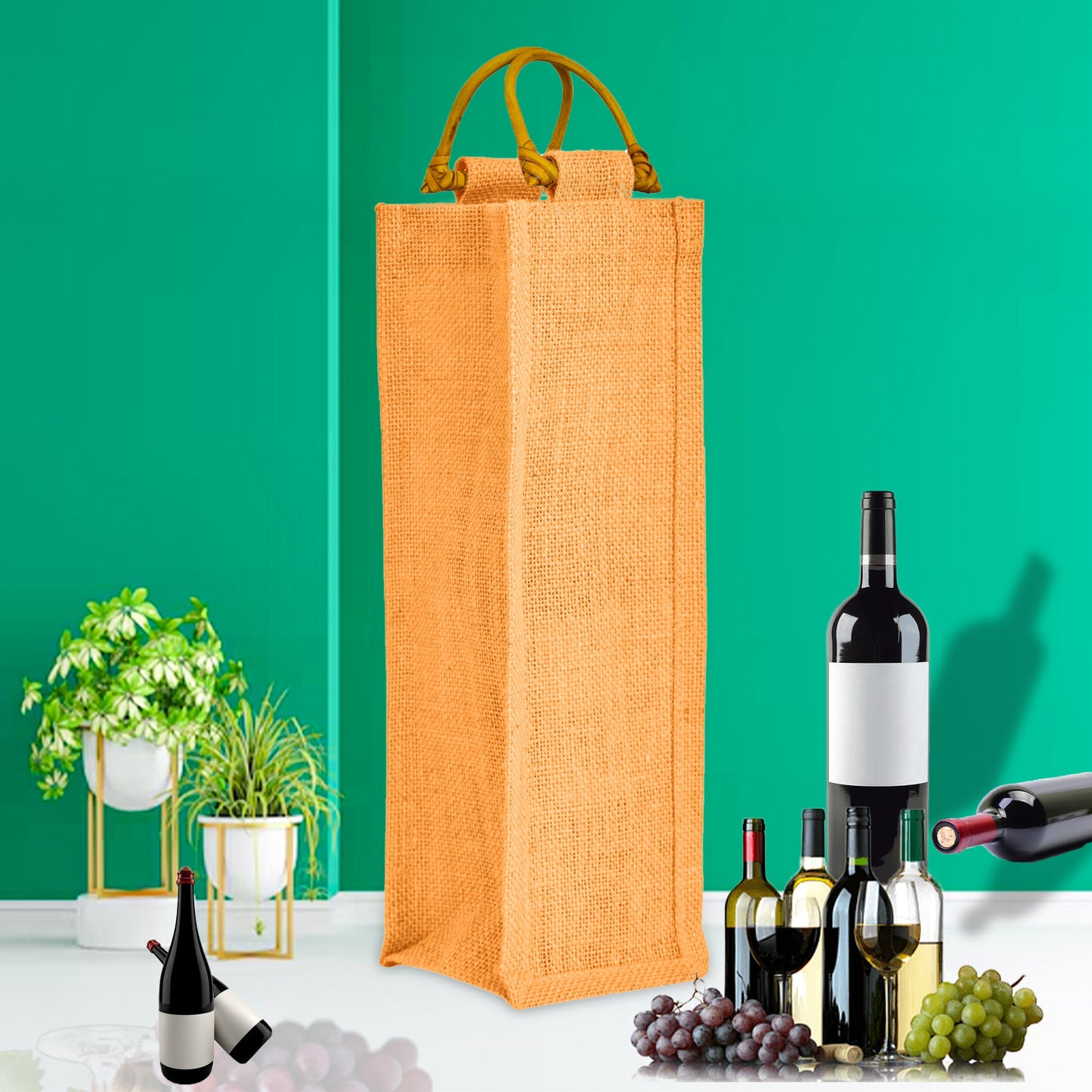 Wholesale Coloured Jute Wine Bottle Bags with Cane Handles – For Events & Gifting (Pack of 7)