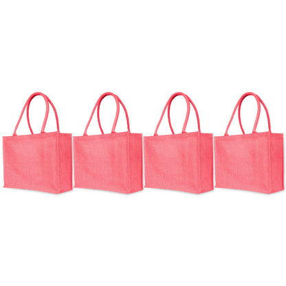 Jute Tote Bags for Wholesale – Shopping, Gifting, Weddings, Travel & Promotional Use – Deep Red, Pink, Green & Orange (Set of 4)