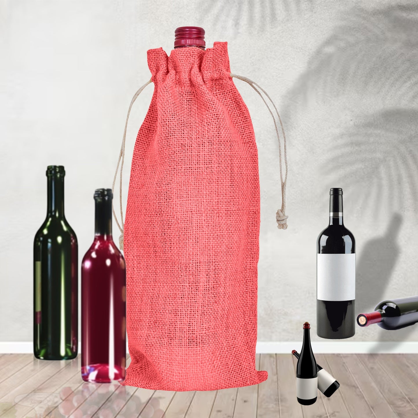Wholesale Coloured Jute Wine Bottle Gift Pouches – Drawstring Burlap Bags for Gifting & Events (Set of 7)