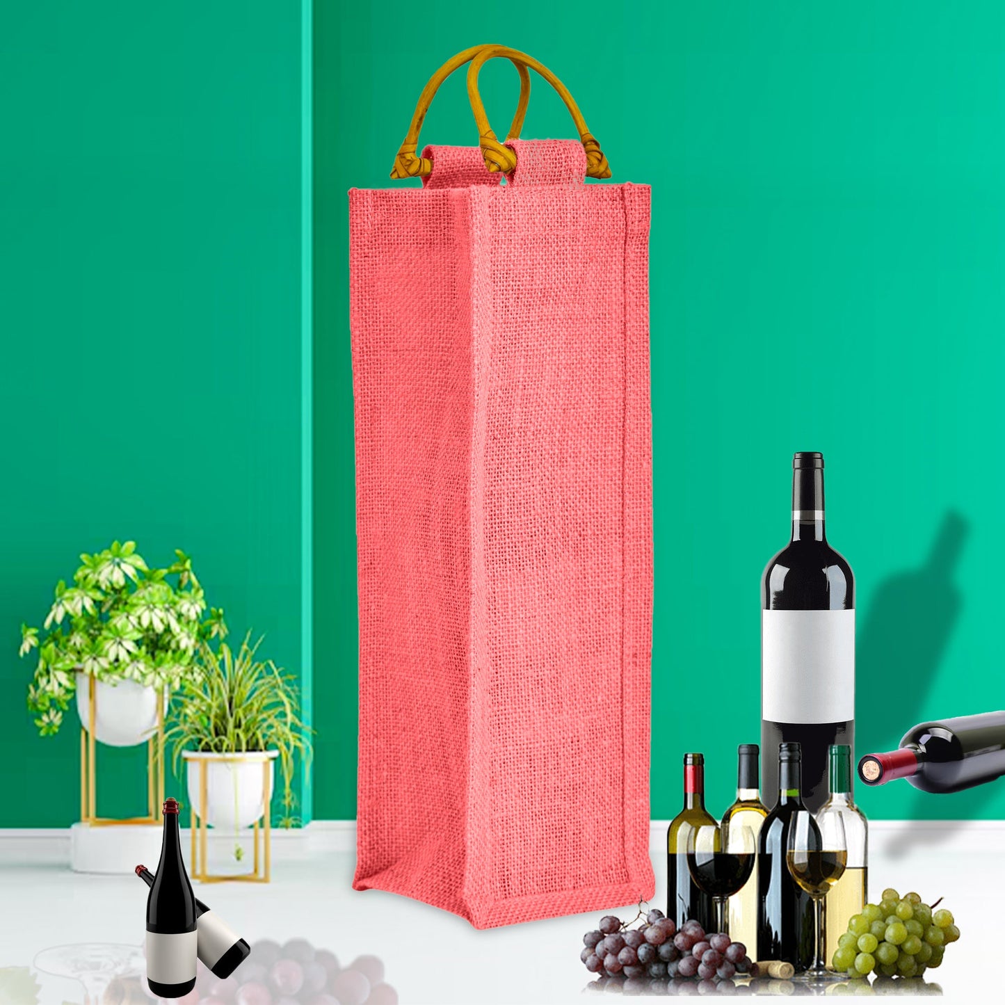 Wholesale Coloured Jute Wine Bottle Bags with Cane Handles – For Events & Gifting (Pack of 7)