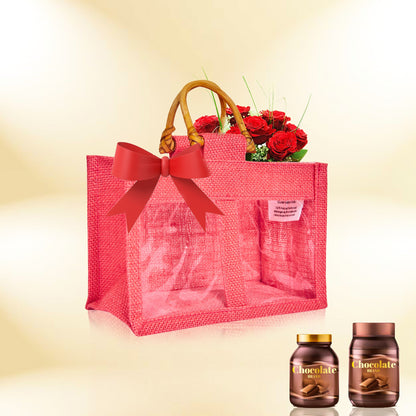 Wholesale Colourful Burlap Jute Gift Bags with Cane Handles (Packs of 7)