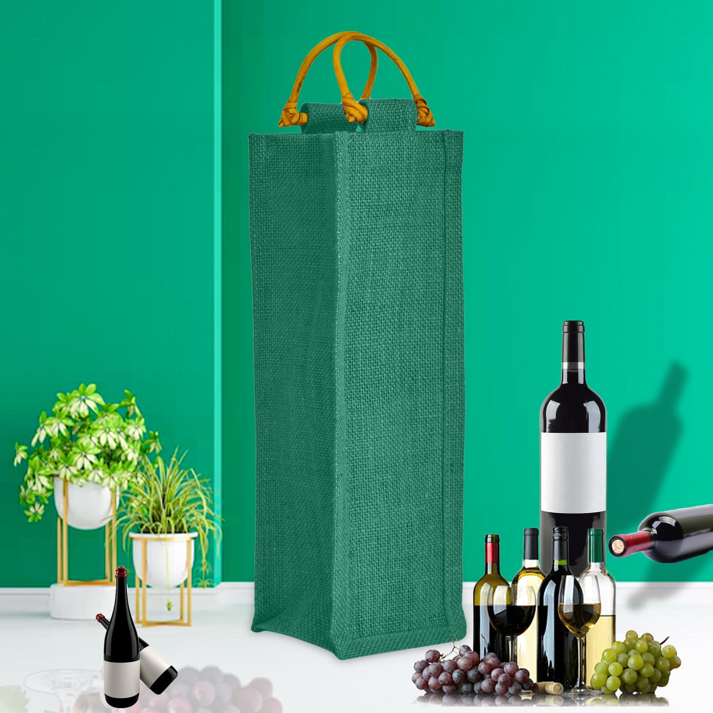 Wholesale Coloured Jute Wine Bottle Bags with Cane Handles – For Events & Gifting (Pack of 7)
