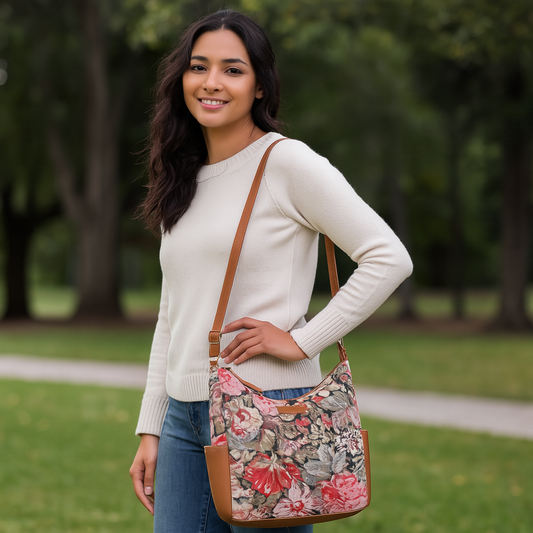 Women's Floral Tapestry Hobo Bag | Stylish vegan leather-Trimmed Shoulder & Crossbody Purse for Daily Essentials
