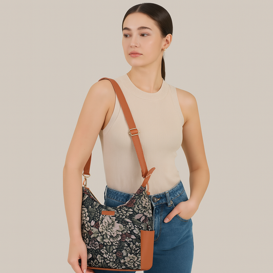 Women's Hobo Bag in Vintage Tapestry Fabric Pattern | Vegan leather-Trim Crossbody Sling & Shoulder Purse