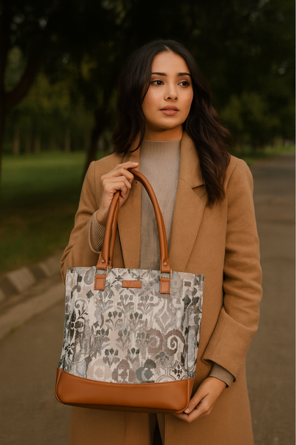 Wholesale Women Abstract Tapestry Tote Bag | Shoulder Purse with vegan leather Trim & Top Handle for Work, Travel & Daily Use