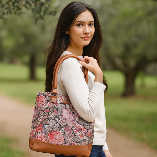 Wholesale Women Floral Tapestry Tote Bag – Vegan Leather trimmed Shoulder Purse with Top Handle